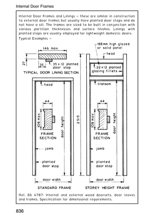 Internal Door Frames and Linings ~ these are similar in construction
to external door frames but usually have planted door stops and do
not have a sill. The frames are sized to be built in conjunction with
various partition thicknesses and surface finishes. Linings with
planted stops are usually employed for lightweight domestic doors.
Ref. BS 4787: Internal and external wood doorsets, door leaves
and frames. Specification for dimensional requirements.
836
Internal Door Frames
 