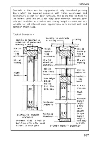 Doorsets ~ these are factory-produced fully assembled prehung
doors which are supplied complete with frame, architraves and
ironmongery except for door furniture. The doors may be hung to
the frames using pin butts for easy door removal. Prehung door
sets are available in standard and storey height versions and are
suitable for all internal door applications with normal wall and
partition thicknesses.
837
Doorsets
 