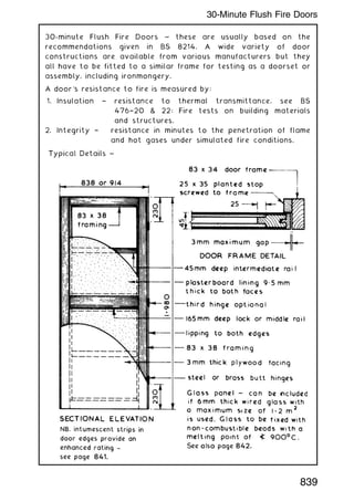 30-minute Flush Fire Doors ~ these are usually based on the
recommendations given in BS 8214. A wide variety of door
constructions are available from various manufacturers but they
all have to be fitted to a similar frame for testing as a doorset or
assembly, including ironmongery.
A door's resistance to fire is measured by:
1. Insulation † resistance to thermal transmittance, see BS
476†20  22: Fire tests on building materials
and structures.
2. Integrity † resistance in minutes to the penetration of flame
and hot gases under simulated fire conditions.
839
30-Minute Flush Fire Doors
 