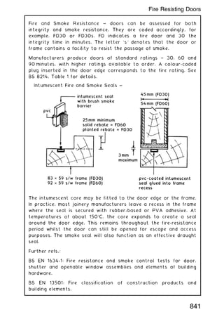 Fire and Smoke Resistance ~ doors can be assessed for both
integrity and smoke resistance. They are coded accordingly, for
example, FD30 or FD30s. FD indicates a fire door and 30 the
integrity time in minutes. The letter `s' denotes that the door or
frame contains a facility to resist the passage of smoke.
Manufacturers produce doors of standard ratings † 30, 60 and
90 minutes, with higher ratings available to order. A colour-coded
plug inserted in the door edge corresponds to the fire rating. See
BS 8214, Table 1 for details.
The intumescent core may be fitted to the door edge or the frame.
In practice, most joinery manufacturers leave a recess in the frame
where the seal is secured with rubber-based or PVA adhesive. At
temperatures of about 150C, the core expands to create a seal
around the door edge. This remains throughout the fire-resistance
period whilst the door can still be opened for escape and access
purposes. The smoke seal will also function as an effective draught
seal.
Further refs.:
BS EN 1634-1: Fire resistance and smoke control tests for door,
shutter and openable window assemblies and elements of building
hardware.
BS EN 13501: Fire classification of construction products and
building elements.
841
Fire Resisting Doors
 