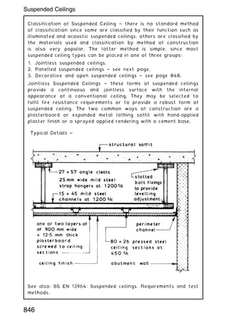 Classification of Suspended Ceiling ~ there is no standard method
of classification since some are classified by their function such as
illuminated and acoustic suspended ceilings, others are classified by
the materials used and classification by method of construction
is also very popular. The latter method is simple, since most
suspended ceiling types can be placed in one of three groups:
1. Jointless suspended ceilings.
2. Panelled suspended ceilings † see next page.
3. Decorative and open suspended ceilings † see page 848.
Jointless Suspended Ceilings ~ these forms of suspended ceilings
provide a continuous and jointless surface with the internal
appearance of a conventional ceiling. They may be selected to
fulfil fire resistance requirements or to provide a robust form of
suspended ceiling. The two common ways of construction are a
plasterboard or expanded metal lathing soffit with hand-applied
plaster finish or a sprayed applied rendering with a cement base.
See also: BS EN 13964: Suspended ceilings. Requirements and test
methods.
846
Suspended Ceilings
 