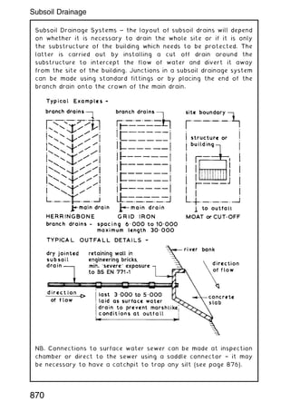 Subsoil Drainage Systems ~ the layout of subsoil drains will depend
on whether it is necessary to drain the whole site or if it is only
the substructure of the building which needs to be protected. The
latter is carried out by installing a cut off drain around the
substructure to intercept the flow of water and divert it away
from the site of the building. Junctions in a subsoil drainage system
can be made using standard fittings or by placing the end of the
branch drain onto the crown of the main drain.
NB. Connections to surface water sewer can be made at inspection
chamber or direct to the sewer using a saddle connector † it may
be necessary to have a catchpit to trap any silt (see page 876).
870
Subsoil Drainage
 