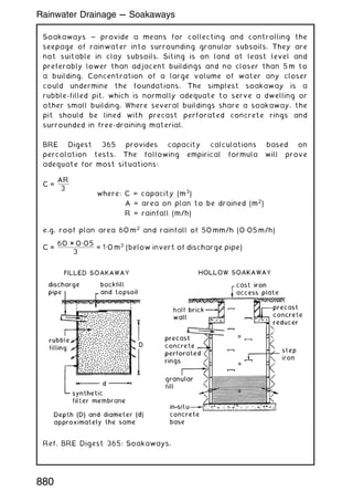 Soakaways ~ provide a means for collecting and controlling the
seepage of rainwater into surrounding granular subsoils. They are
not suitable in clay subsoils. Siting is on land at least level and
preferably lower than adjacent buildings and no closer than 5 m to
a building. Concentration of a large volume of water any closer
could undermine the foundations. The simplest soakaway is a
rubble-filled pit, which is normally adequate to serve a dwelling or
other small building. Where several buildings share a soakaway, the
pit should be lined with precast perforated concrete rings and
surrounded in free-draining material.
BRE Digest 365 provides capacity calculations based on
percolation tests. The following empirical formula will prove
adequate for most situations:
C =
AR
3
where: C = capacity (m3
)
A = area on plan to be drained (m2
)
R = rainfall (m/h)
e.g. roof plan area 60 m2
and rainfall of 50 mm/h (0„05 m/h)
C =
60 × 0„05
3
= 1„0 m3
(below invert of discharge pipe)
Ref. BRE Digest 365: Soakaways.
880
Rainwater Drainage --- Soakaways
 