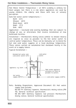 Hot Water Outlet Temperature ~ at 50C scalding is unlikely for
most people, but there is a risk where appliances are used by
young children, the elderly and those with loss of sensory
perception.
Safe hot water outlet temperatures ~
Bath 43C
Shower 40C
Wash basin 40C
Bidet 37C
Sink 48C
Application ~ new-build and existing buildings that are subject to
change of use, or alterations that involve installation of new
bathroom facilities.
Installation ~ thermostatic mixing valves (similar to shower mixers)
are required as close as possible to the hot water outlet to
control water temperature. These can be manually set to blend the
hot and cold water supplies at a fixed discharge temperature.
These valves contain an automated fast shutdown facility in the
event of a supply failure.
Typical Installation ~
Refs.: Building Regulations, Approved Document G3: Hot water
supply and systems.
BS EN 1111: Sanitary tapware, thermostatic mixing valves (PN
10). General technical specification.
BS EN 1287: Sanitary tapware, low pressure thermostatic
mixing valves. General technical specification.
blended hot water and
cold water outlet 43ƒC
cold water
outlet
appliance, e.g. bath
TMV within appliance
enclosure as close as
possible to outlets
hot water
supply (50ƒC+) cold water supply (20ƒC)
900
Hot Water Installations --- Thermostatic Mixing Valves
 
