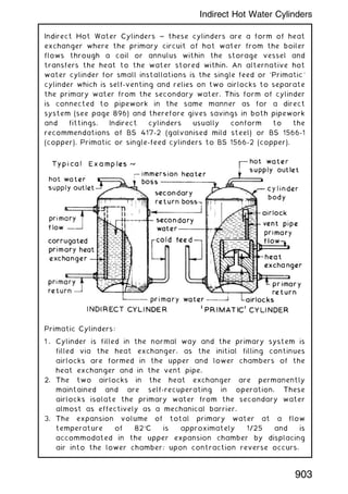 Indirect Hot Water Cylinders ~ these cylinders are a form of heat
exchanger where the primary circuit of hot water from the boiler
flows through a coil or annulus within the storage vessel and
transfers the heat to the water stored within. An alternative hot
water cylinder for small installations is the single feed or `Primatic'
cylinder which is self-venting and relies on two airlocks to separate
the primary water from the secondary water. This form of cylinder
is connected to pipework in the same manner as for a direct
system (see page 896) and therefore gives savings in both pipework
and fittings. Indirect cylinders usually conform to the
recommendations of BS 417-2 (galvanised mild steel) or BS 1566-1
(copper). Primatic or single-feed cylinders to BS 1566-2 (copper).
Primatic Cylinders:
1 . Cylinder is filled in the normal way and the primary system is
filled via the heat exchanger, as the initial filling continues
airlocks are formed in the upper and lower chambers of the
heat exchanger and in the vent pipe.
2. The two airlocks in the heat exchanger are permanently
maintained and are self-recuperating in operation. These
airlocks isolate the primary water from the secondary water
almost as effectively as a mechanical barrier.
3. The expansion volume of total primary water at a flow
temperature of 82C is approximately 1/25 and is
accommodated in the upper expansion chamber by displacing
air into the lower chamber; upon contraction reverse occurs.
903
Indirect Hot Water Cylinders
 
