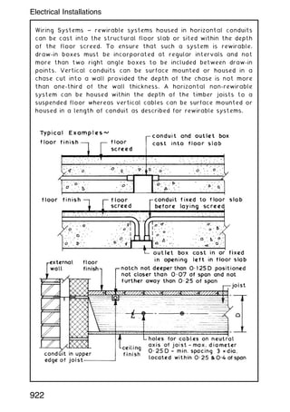 Wiring Systems ~ rewirable systems housed in horizontal conduits
can be cast into the structural floor slab or sited within the depth
of the floor screed. To ensure that such a system is rewirable,
draw-in boxes must be incorporated at regular intervals and not
more than two right angle boxes to be included between draw-in
points. Vertical conduits can be surface mounted or housed in a
chase cut into a wall provided the depth of the chase is not more
than one-third of the wall thickness. A horizontal non-rewirable
system can be housed within the depth of the timber joists to a
suspended floor whereas vertical cables can be surface mounted or
housed in a length of conduit as described for rewirable systems.
922
Electrical Installations
 