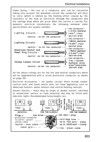 Cable Sizing ~ the size of a conductor wire can be calculated
taking into account the maximum current the conductor will have
to carry (which is limited by the heating effect caused by the
resistance to the flow of electricity through the conductor) and
the voltage drop which will occur when the current is carried. For
domestic electrical installations the following minimum cable
specifications are usually suitable:
All the above ratings are for the line and neutral conductors which
will be supplemented with a circuit protective conductor as shown
on page 921.
Electrical Accessories ~ for power circuits these include cooker
control units and fused switch units for fixed appliances such as
immersion heaters, water heaters and central heating controls.
Socket Outlets ~ these may be single or double outlets, switched
or unswitched, surface or flush mounted and may be fitted with
indicator lights. Recommended fixing heights are:
923
Electrical Installations
 