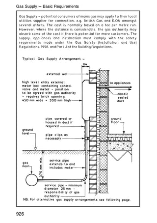 Gas Supply ~ potential consumers of mains gas may apply to their local
utilities supplier for connection, e.g. British Gas and E.ON amongst
several others. The cost is normally based on a fee per metre run.
However, where the distance is considerable, the gas authority may
absorb some of the cost if there is potential for more customers. The
supply, appliances and installation must comply with the safety
requirements made under the Gas Safety (Installation and Use)
Regulations, 1998, and Part J of the Building Regulations.
926
Gas Supply --- Basic Requirements
 