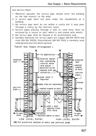 Gas Service Pipes:
1 . Whenever possible the service pipe should enter the building
on the side nearest to the main.
2. A service pipe must not pass under the foundations of a
building.
3. No service pipe must be run within a cavity but it may pass
through a cavity by the shortest route.
4. Service pipes passing through a wall or solid floor must be
enclosed by a sleeve or duct which is end sealed with mastic.
5. No service pipe shall be housed in an unventilated void.
6. Suitable materials for service pipes are copper (BS EN 1057) and
steel (BS EN 10255). Polyethylene (BS EN 1555) is normally used
underground, but not above ground.
927
Gas Supply --- Basic Requirements
 