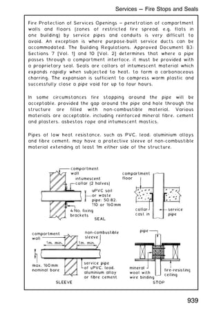 Fire Protection of Services Openings ~ penetration of compartment
walls and floors (zones of restricted fire spread, e.g. flats in
one building) by service pipes and conduits is very difficult to
avoid. An exception is where purpose-built service ducts can be
accommodated. The Building Regulations, Approved Document B3:
Sections 7 [Vol. 1] and 10 [Vol. 2] determines that where a pipe
passes through a compartment interface, it must be provided with
a proprietary seal. Seals are collars of intumescent material which
expands rapidly when subjected to heat, to form a carbonaceous
charring. The expansion is sufficient to compress warm plastic and
successfully close a pipe void for up to four hours.
In some circumstances fire stopping around the pipe will be
acceptable, provided the gap around the pipe and hole through the
structure are filled with non-combustible material. Various
materials are acceptable, including reinforced mineral fibre, cement
and plasters, asbestos rope and intumescent mastics.
Pipes of low heat resistance, such as PVC, lead, aluminium alloys
and fibre cement, may have a protective sleeve of non-combustible
material extending at least 1m either side of the structure.
939
Services --- Fire Stops and Seals
 