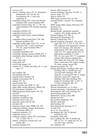 surveyors 28
surveys: building survey 2931; demolition
preliminaries 197; site 86; site
investigations 901; tools and
equipment 29
suspended ceilings 845; sound and thermal
insulation 849; sound insulation 849
suspended concrete floors 7612, 78493;
sound insulation 799; thermal insulation
579
suspended scaffolds 181
suspended structures 661
suspended timber floors, sound insulation
796
suspended timber ground floors 758, 760;
thermal insulation 579
suspended timber upper floors 7716; fire
protection 7823; joists and beams
77681; sound insulation 8001
sustainability 72
sustainable demolition 199
sustainable drainage systems (SuDS) 8745
sustainable urban drainage systems (SUDS)
8745
swept valley 520
swing doors 843
swivel skip dumper 215
symbols 423; health and safety 567; road
signs 171
tack welding 336
tall buildings 65862
tamping board vibrators 238
tamping (concreting) 2389
tanking 31516
tapered treads 828
target emission rate (TER) 33, 567
target fabric energy efficiency (TFEE) 567
TA (transformer assembly) 121
TBM (temporary bench mark) 154, 158
teak 859
technical drawings 21
telephone installations 940
telescopic boom crane 223
telescopic boom fork lift 216
tell-tales 249
temporary bench mark (TBM) 154, 158
temporary buildings, Energy Performance
Certificates (EPC) 32
temporary platforms 172
temporary services 113
temporary support: arches 425; excavations
3224; loads 1924
tendons: reinforced concrete 622; soil
nailing 300
tenoning machines 854
tension cable structure 10
tension membrane structures 10, 6934
tension straps 773, 774
terrazzo finish 724
TER (target emission rate) 33, 567
textured finishes: concrete 721; rendering
480
TFEE (target fabric energy efficiency) 567
thatching 521
theodolites 161
thermal breaks: aluminium casement
windows 454; double glazing 450
thermal bridging 414, 5802
thermalcheck plasterboard 753
thermal conductivities 5512
thermal insulation: basements 318; cavity
walls 568, 5723, 5756, 578, 5812;
CO2 reduction 568; damp-proof courses
(dpc) 414; densities 552; domestic
ground floors 759, 760; external solid
walls 574, 577; improvements 5748;
performance standards 71; roofs
50910; roof space 56971; suspended
ceilings 849; thermal conductivities
552; timber flat roofs 528, 530; timber
frame construction 476; typical weights
39; water storage cisterns 902
thermal movement 532, 735
thermal performance: buildings other than
dwellings 5845; double skin roof
coverings 669; dwellings 55965;
elements of construction 5602; energy
efficiency rating 559; targets for
buildings other than dwellings 585;
targets for dwellings 5603, 5678;
U-value calculations 54858
thermal resistance 549
thermal transmittance see U-values
thermal treatments, contaminated soil 367
thermoplastics 862; roof coverings 535
thermosetting plastics 862
thermostatic mixing valves 900
thicknessers 854
thin grouted membranes 354
thinners, paint 850
third bonding 383
three-dimensional drawings 245
tie bolts 616
ties 6; see also wall ties
tile hanging 482, 4848; thermal
performance 551
tile profile sheets 665
tiles: cladding 482, 4848; double lap
5058, 51213; single lap 514; see
also floor tiles; wall tiles
tile ventilators 507
963
Index
 