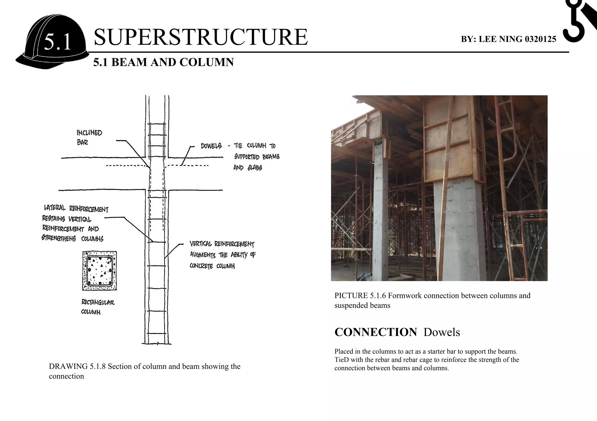 PICTURE 5.1.6 Formwork connection between columns and
suspended beams
CONNECTION Dowels
Placed in the columns to act as a starter bar to support the beams.
TieD with the rebar and rebar cage to reinforce the strength of the
connection between beams and columns.DRAWING 5.1.8 Section of column and beam showing the
connection
SUPERSTRUCTURE
5.1 BEAM AND COLUMN
5.1 BY: LEE NING 0320125
 