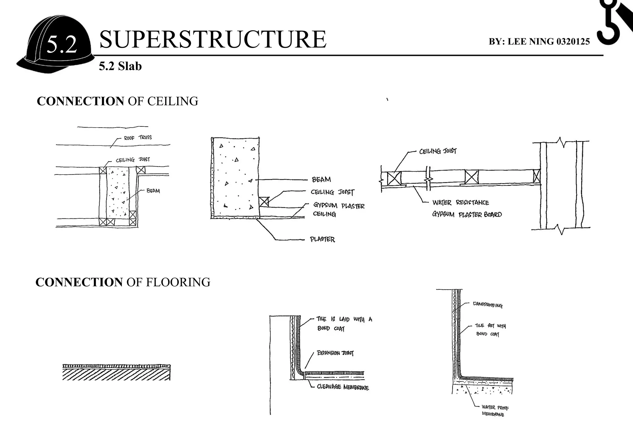 CONNECTION OF CEILING
CONNECTION OF FLOORING
SUPERSTRUCTURE
5.2 Slab
5.2 BY: LEE NING 0320125
 