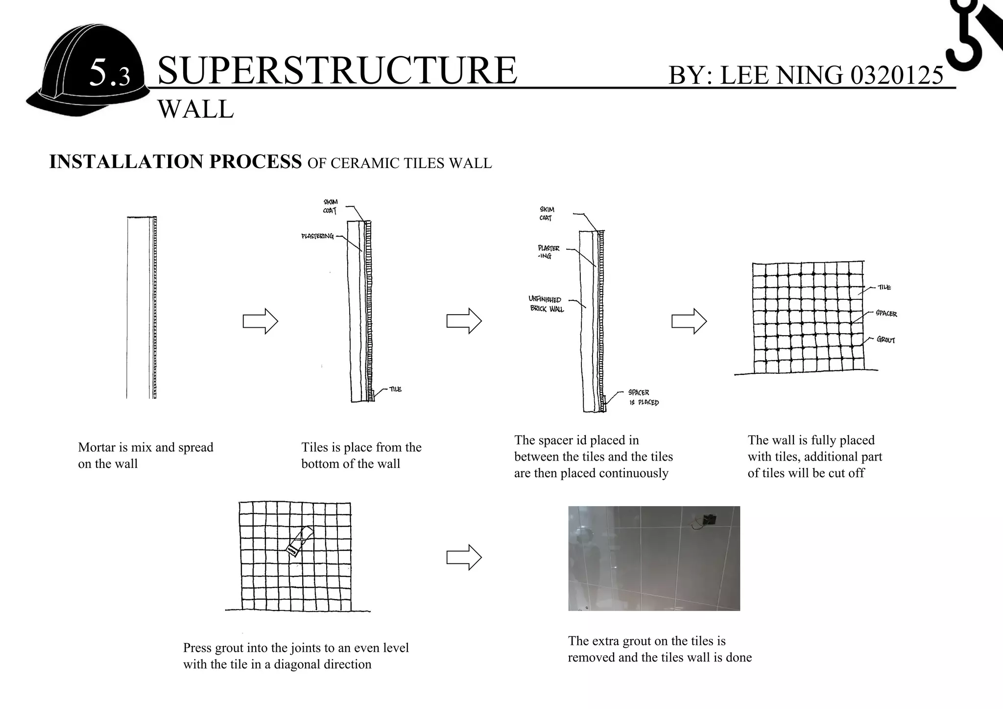 SUPERSTRUCTURE5.3
WALL
BY: LEE NING 0320125
Mortar is mix and spread
on the wall
Tiles is place from the
bottom of the wall
The spacer id placed in
between the tiles and the tiles
are then placed continuously
The wall is fully placed
with tiles, additional part
of tiles will be cut off
Press grout into the joints to an even level
with the tile in a diagonal direction
The extra grout on the tiles is
removed and the tiles wall is done
INSTALLATION PROCESS OF CERAMIC TILES WALL
 