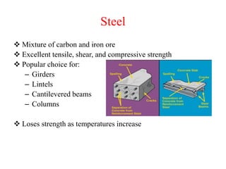 Steel
 Mixture of carbon and iron ore
 Excellent tensile, shear, and compressive strength
 Popular choice for:
– Girder...