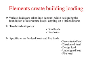 Elements create building loading
 Various loads are taken into account while designing the
foundation of a structure load...