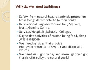 Why do we need buildings?
 Safety- from natural hazards,animals,protection
from things detrimental to human health
 Recreational Purpose- Cinema hall, Markets,
Malls, Gaming Centre.
 Services-Hospitals ,Schools , Colleges.
 Day to day activities of human being food, sleep
,waste disposal
 We need services that provide
energy,communications,water and disposal of
wastes.
 We need less light by day and more light by night,
than is offered by the natural world.
 