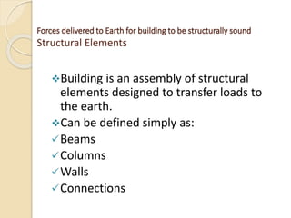 Forces delivered to Earth for building to be structurally sound
Structural Elements
Building is an assembly of structural
elements designed to transfer loads to
the earth.
Can be defined simply as:
Beams
Columns
Walls
Connections
 