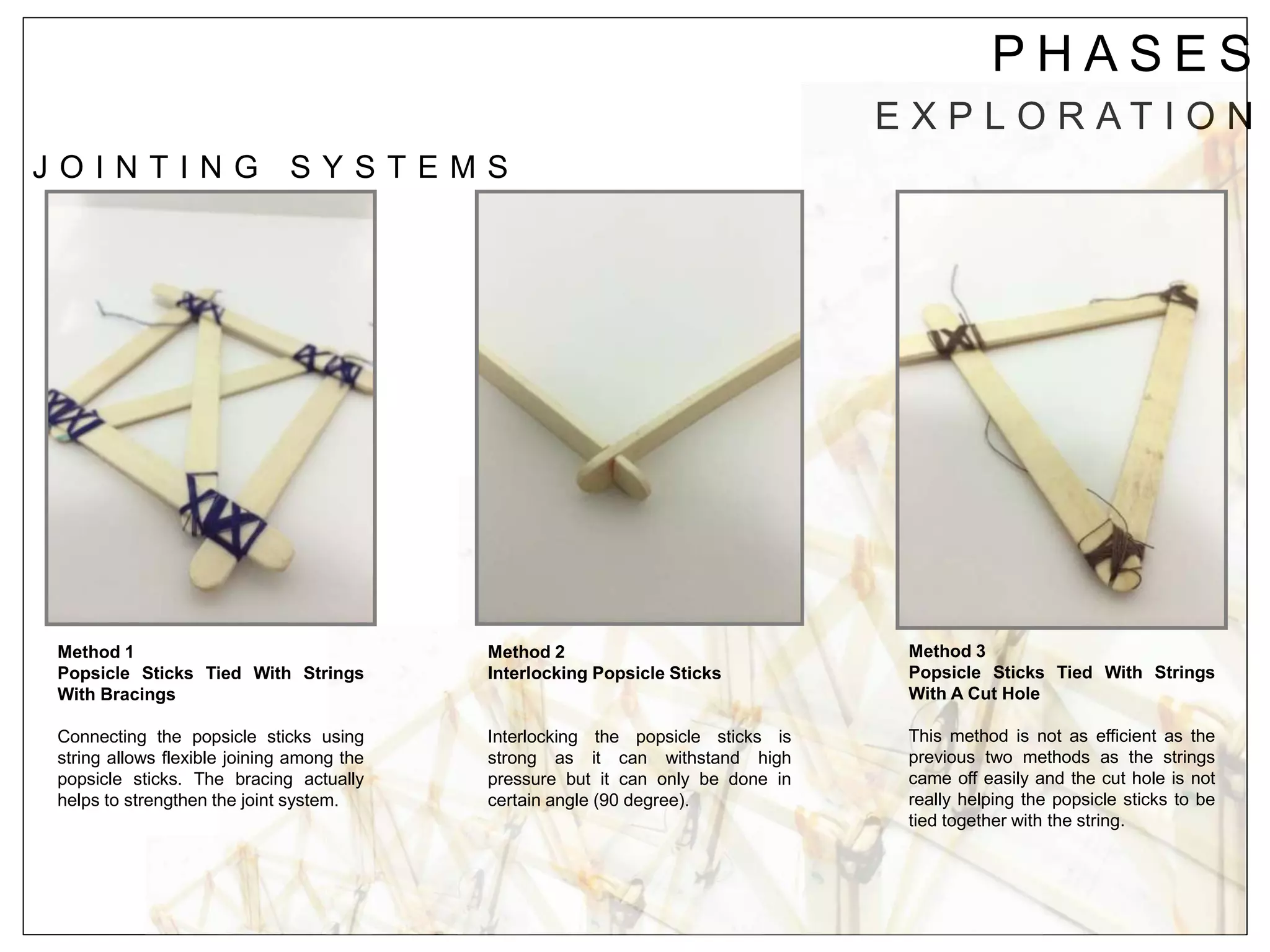 P H A S E S
E X P L O R A T I O N
J O I N T I N G S Y S T E M S
Method 1
Popsicle Sticks Tied With Strings
With Bracings
Connecting the popsicle sticks using
string allows flexible joining among the
popsicle sticks. The bracing actually
helps to strengthen the joint system.
Method 2
Interlocking Popsicle Sticks
Interlocking the popsicle sticks is
strong as it can withstand high
pressure but it can only be done in
certain angle (90 degree).
Method 3
Popsicle Sticks Tied With Strings
With A Cut Hole
This method is not as efficient as the
previous two methods as the strings
came off easily and the cut hole is not
really helping the popsicle sticks to be
tied together with the string.
 