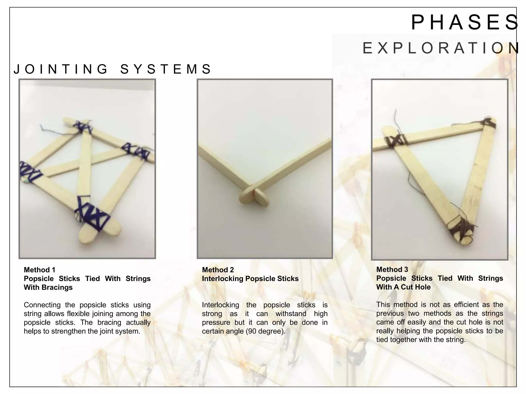 P H A S E S
E X P L O R A T I O N
J O I N T I N G S Y S T E M S
Method 1
Popsicle Sticks Tied With Strings
With Bracings
Connecting the popsicle sticks using
string allows flexible joining among the
popsicle sticks. The bracing actually
helps to strengthen the joint system.
Method 2
Interlocking Popsicle Sticks
Interlocking the popsicle sticks is
strong as it can withstand high
pressure but it can only be done in
certain angle (90 degree).
Method 3
Popsicle Sticks Tied With Strings
With A Cut Hole
This method is not as efficient as the
previous two methods as the strings
came off easily and the cut hole is not
really helping the popsicle sticks to be
tied together with the string.
 