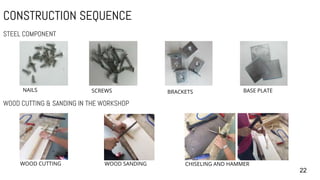 CONSTRUCTION SEQUENCE
22
STEEL COMPONENT
WOOD CUTTING & SANDING IN THE WORKSHOP
NAILS SCREWS BRACKETS BASE PLATE
WOOD CUTTING WOOD SANDING CHISELING AND HAMMER
 
