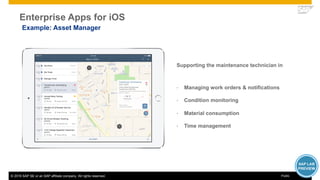 © 2016 SAP SE or an SAP affiliate company. All rights reserved. 14Public
Example: Asset Manager
Enterprise Apps for iOS
Supporting the maintenance technician in
• Managing work orders & notifications
• Condition monitoring
• Material consumption
• Time management
 