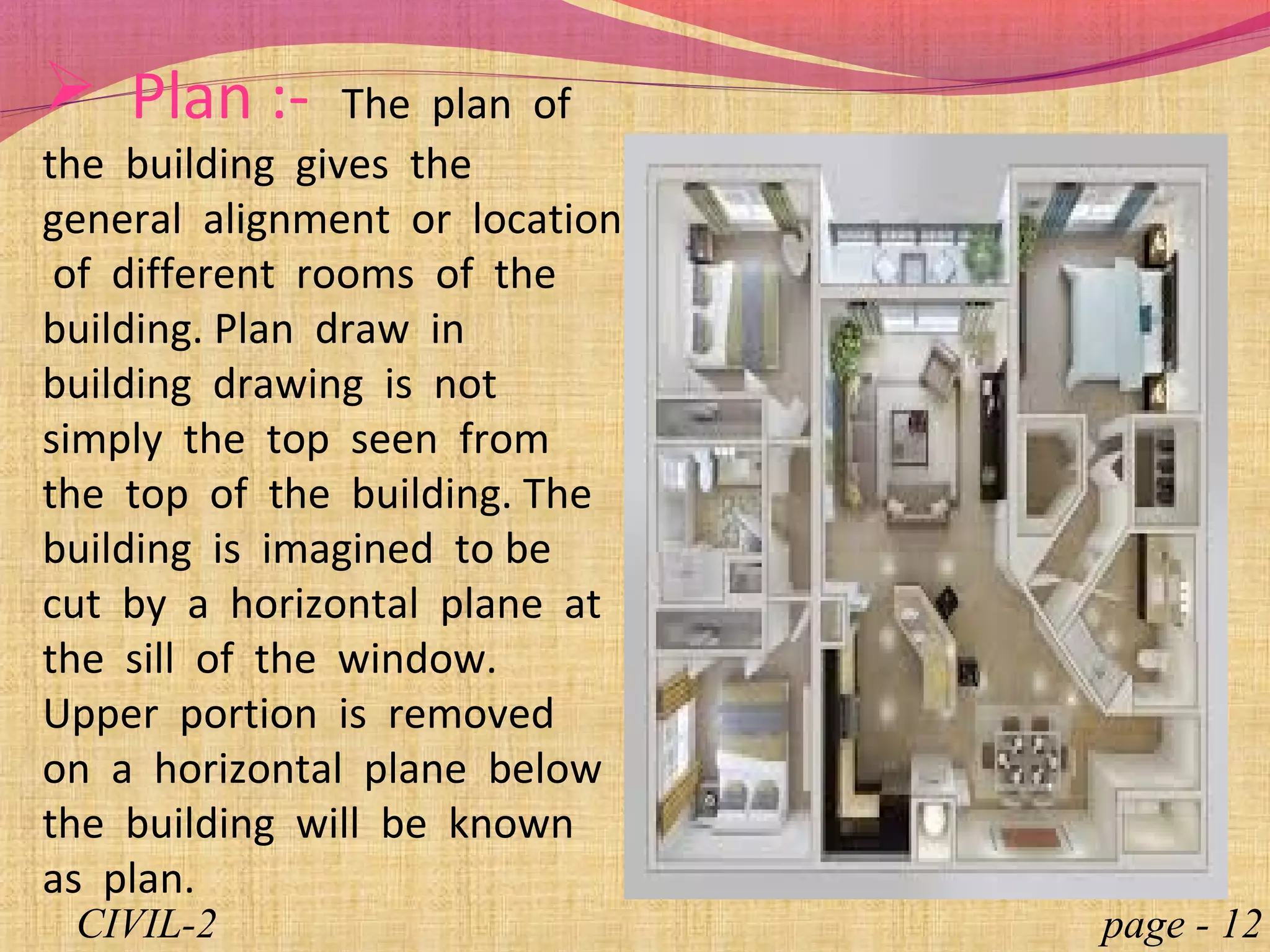  Plan :- The plan of
the building gives the
general alignment or location
of different rooms of the
building. Plan draw in
building drawing is not
simply the top seen from
the top of the building. The
building is imagined to be
cut by a horizontal plane at
the sill of the window.
Upper portion is removed
on a horizontal plane below
the building will be known
as plan.
page - 12CIVIL-2
 