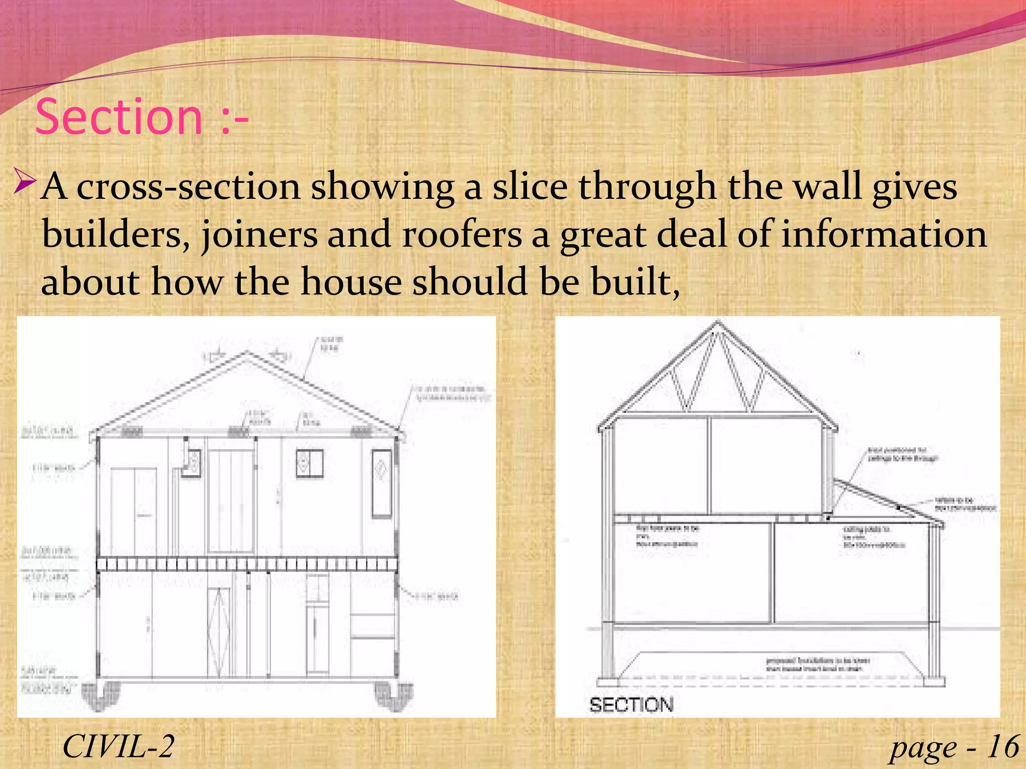 Section :-
page - 16CIVIL-2
A cross-section showing a slice through the wall gives
builders, joiners and roofers a great deal of information
about how the house should be built,
 