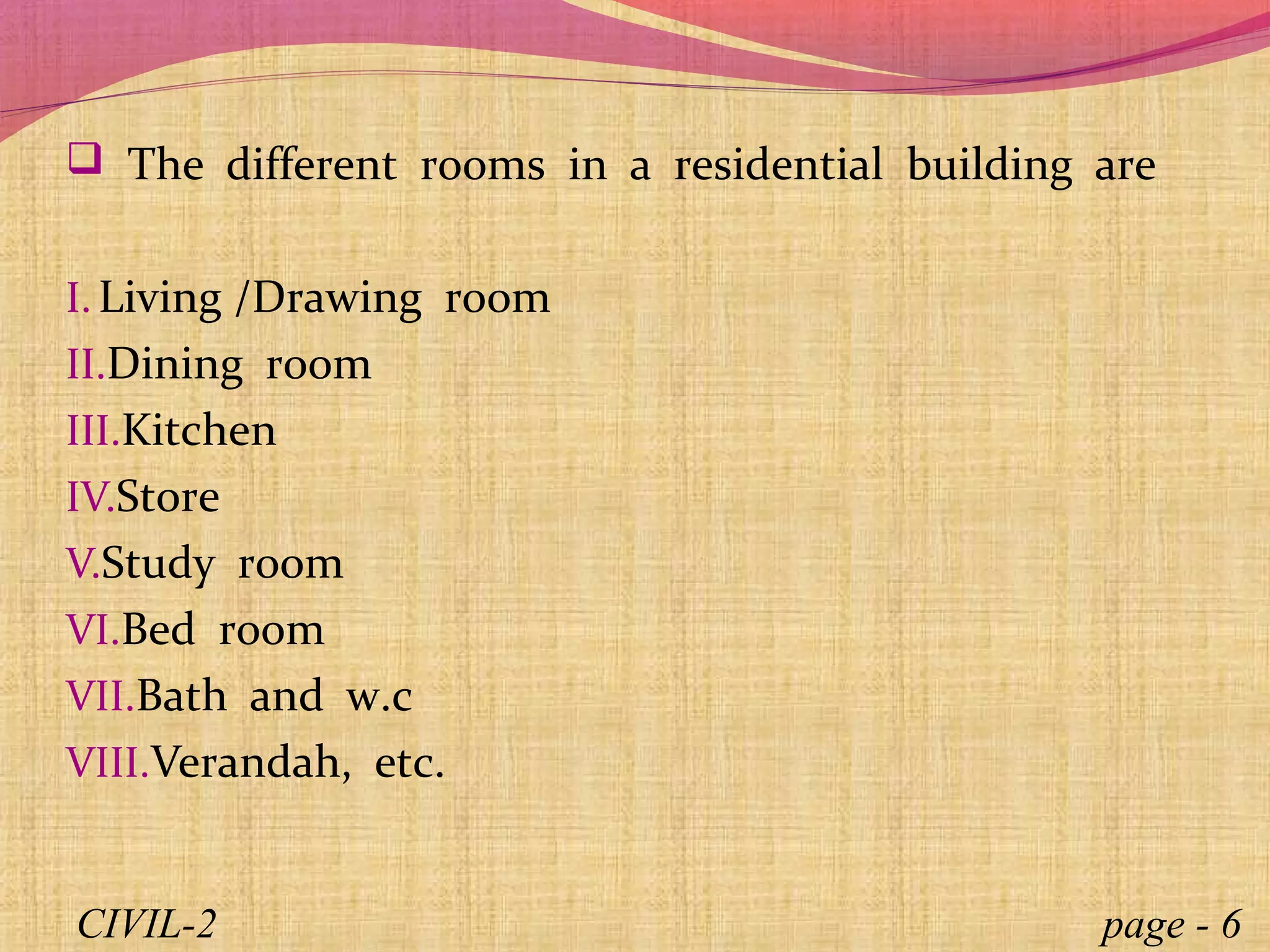  The different rooms in a residential building are
I. Living /Drawing room
II.Dining room
III.Kitchen
IV.Store
V.Study room
VI.Bed room
VII.Bath and w.c
VIII.Verandah, etc.
page - 6CIVIL-2
 