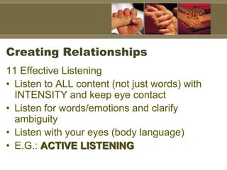 Creating Relationships
11 Effective Listening
• Listen to ALL content (not just words) with
INTENSITY and keep eye contact
• Listen for words/emotions and clarify
ambiguity
• Listen with your eyes (body language)
• E.G.: ACTIVE LISTENING
 