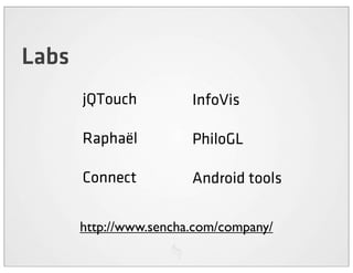 Labs
       jQTouch          InfoVis

       Raphaël          PhiloGL

       Connect          Android tools

       http://www.sencha.com/company/
 