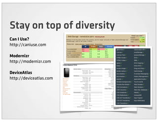 Stay on top of diversity
Can I Use?
http://caniuse.com

Modernizr
http://modernizr.com

DeviceAtlas
http://deviceatlas.com
 
