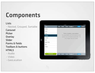 Components
Lists
- Nested, Grouped, Sortable
Carousel
Picker
Overlay
Slider
Forms & fields
Toolbars & buttons
HTML5
- Audio
- Video
- GeoLocation
 