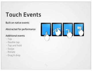 Touch Events
Built on native events

Abstracted for performance

Additional events
- Tap
- Double tap
- Tap and hold
- Swipe
- Rotate
- Drag & drop
 