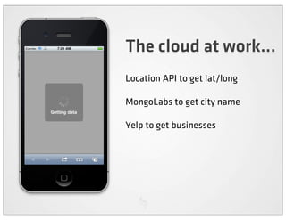 The cloud at work...
Location API to get lat/long

MongoLabs to get city name

Yelp to get businesses
 