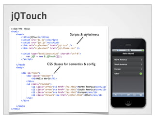 Touch Events
Built on native events

Abstracted for performance

Additional events
- Tap
- Double tap
- Tap and hold
- Swi...