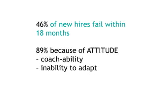 46% of new hires fail within
18 months
89% because of ATTITUDE
– coach-ability
– inability to adapt
 