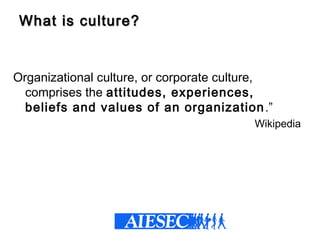What is culture?What is culture?
Organizational culture, or corporate culture,
comprises the attitudes, experiences,
beliefs and values of an organization.”
Wikipedia
 