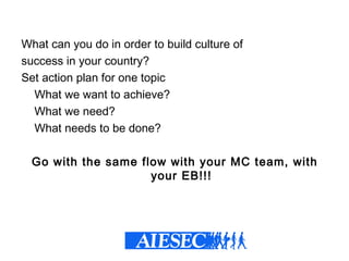 What can you do in order to build culture of
success in your country?
Set action plan for one topic
What we want to achieve?
What we need?
What needs to be done?
Go with the same flow with your MC team, with
your EB!!!
 