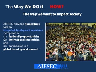 AIESEC provides its members
with an
integrated development experience
comprised of
(1) leadership opportunities,
(2) international internships
and
(3) participation in a
global learning environment.
The Way We DO it HOW?
The way we want to impact society
 