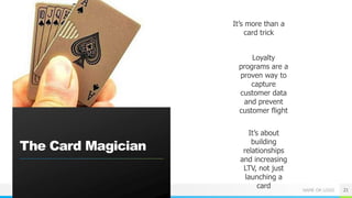 NAME OR LOGO 21
The Card Magician
It’s more than a
card trick
Loyalty
programs are a
proven way to
capture
customer data
and prevent
customer flight
It’s about
building
relationships
and increasing
LTV, not just
launching a
card
 
