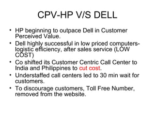 CPV-HP V/S DELL
• HP beginning to outpace Dell in Customer
  Perceived Value.
• Dell highly successful in low priced computers-
  logistic efficiency, after sales service (LOW
  COST)
• Co shifted its Customer Centric Call Center to
  India and Philippines to cut cost.
• Understaffed call centers led to 30 min wait for
  customers.
• To discourage customers, Toll Free Number,
  removed from the website.
 