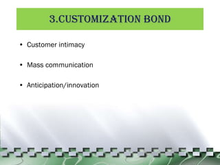 3.Customization Bond Customer intimacy Mass communication Anticipation/innovation 