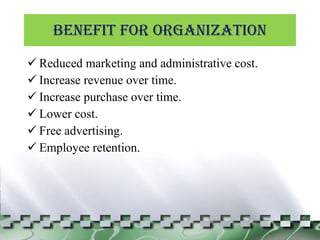 BENEFIT FOR ORGANIZATION Reduced marketing and administrative cost. Increase revenue over time. Increase purchase over time. Lower cost. Free advertising. Employee retention. 