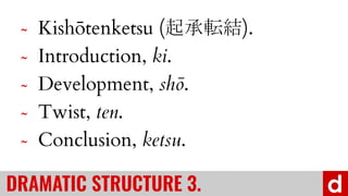 ? Kishtenketsu (ܞY).
? Introduction, ki.
? Development, sh.
? Twist, ten.
? Conclusion, ketsu.
DRAMATIC STRUCTURE 3.
 