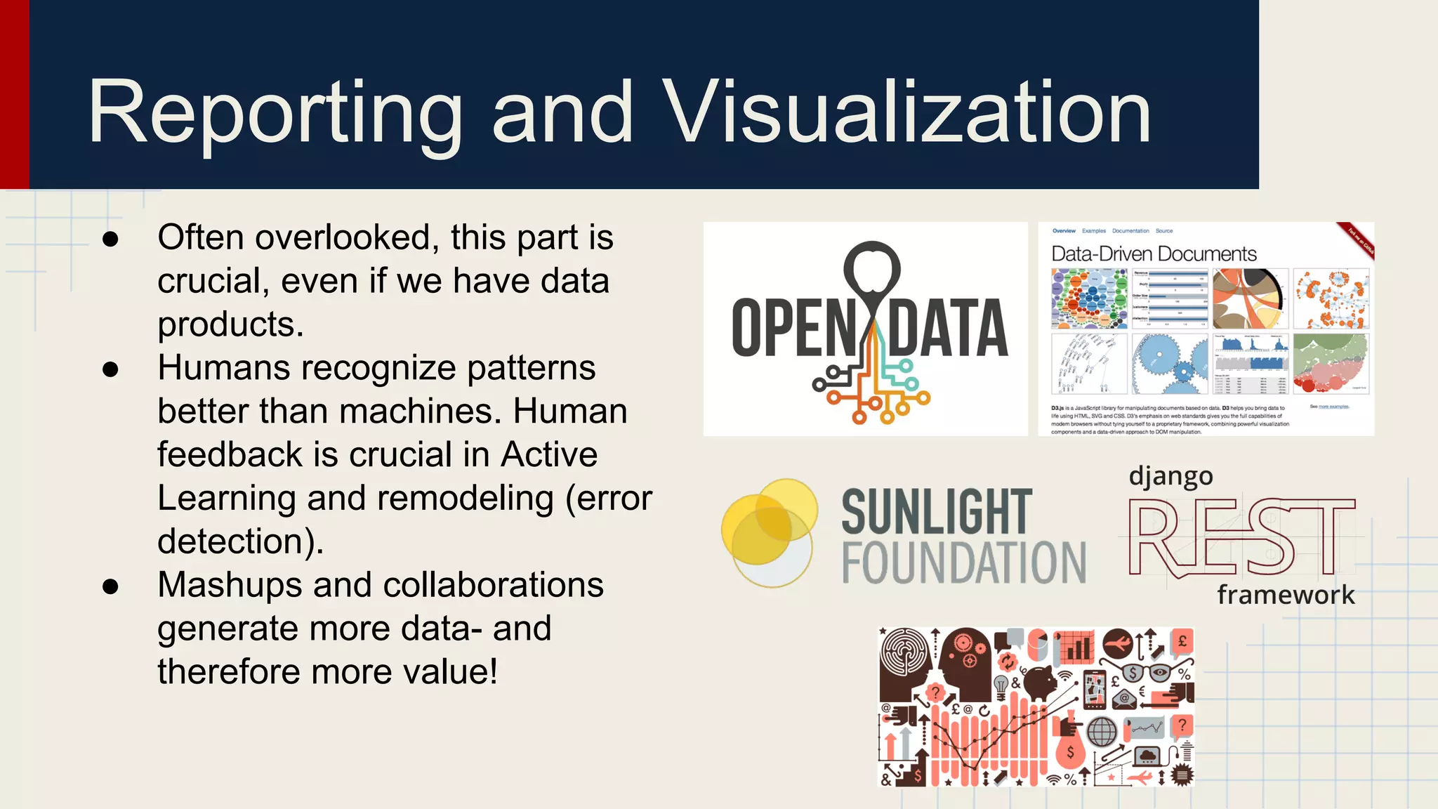 ● Often overlooked, this part is
crucial, even if we have data
products.
● Humans recognize patterns
better than machines. Human
feedback is crucial in Active
Learning and remodeling (error
detection).
● Mashups and collaborations
generate more data- and
therefore more value!
Reporting and Visualization
 