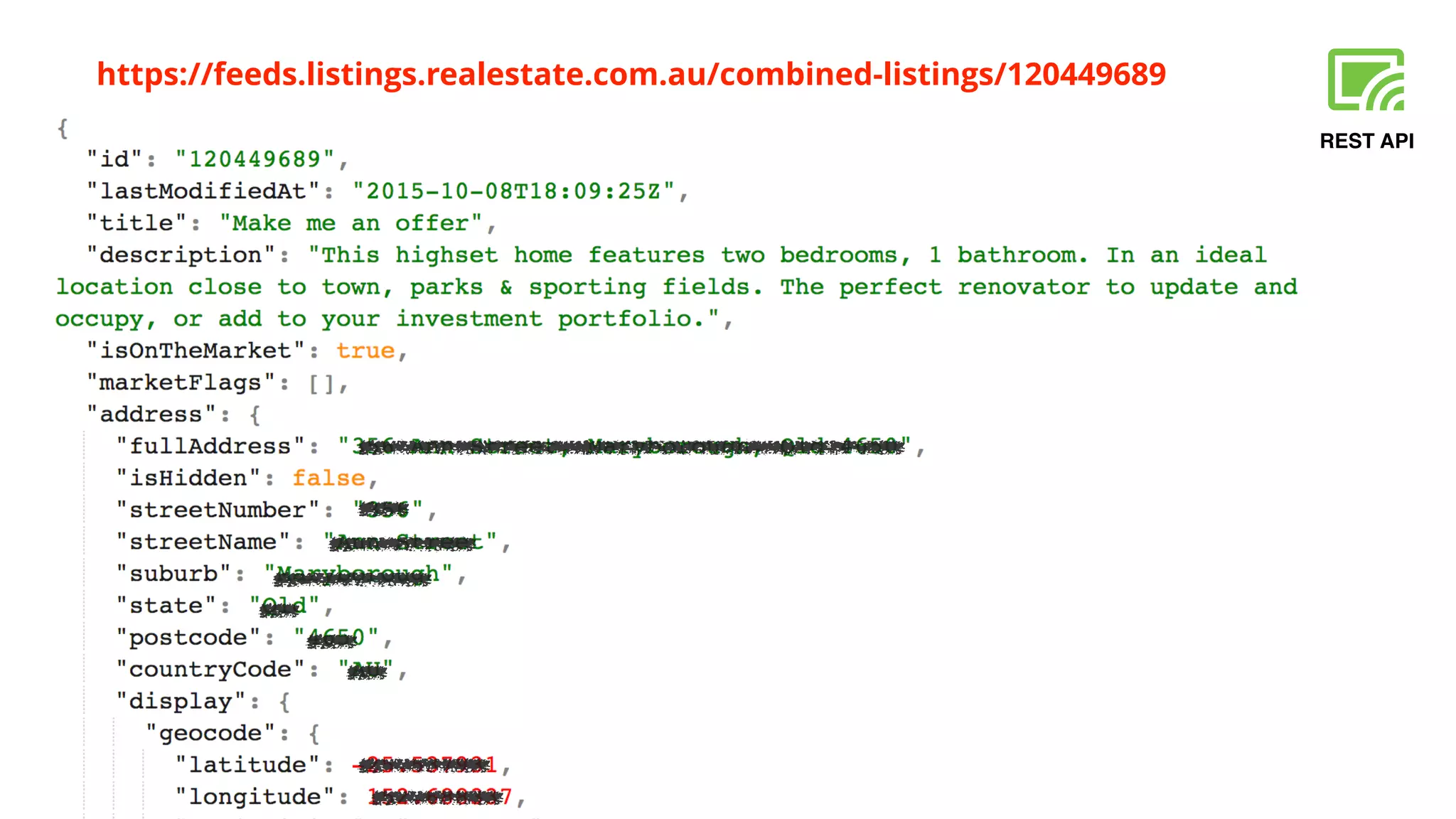 REST API
https://feeds.listings.realestate.com.au/combined-listings/120449689
 
