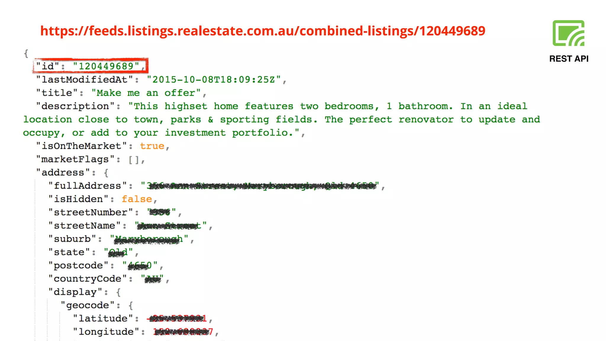 REST API
https://feeds.listings.realestate.com.au/combined-listings/120449689
 