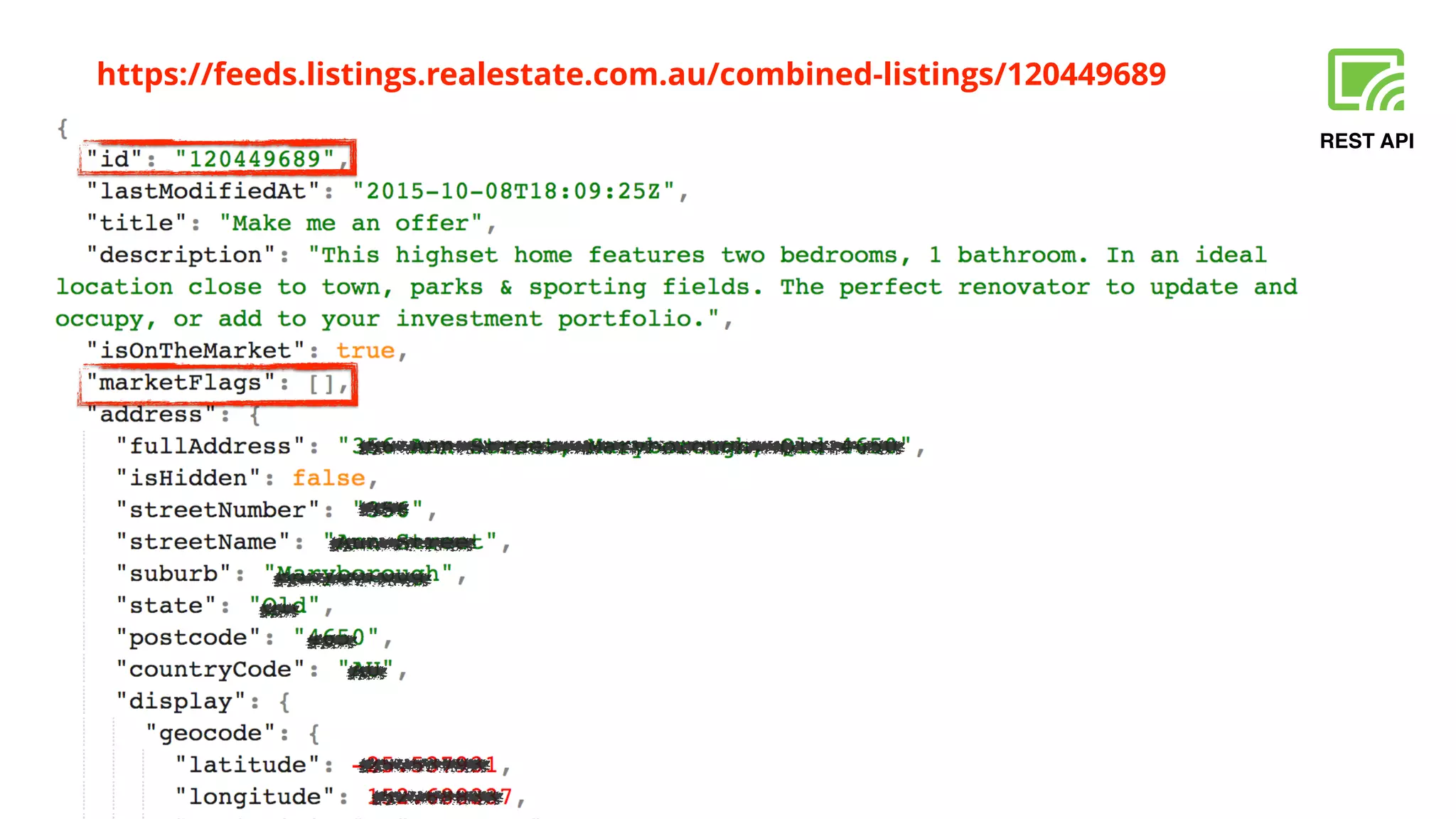 REST API
https://feeds.listings.realestate.com.au/combined-listings/120449689
 