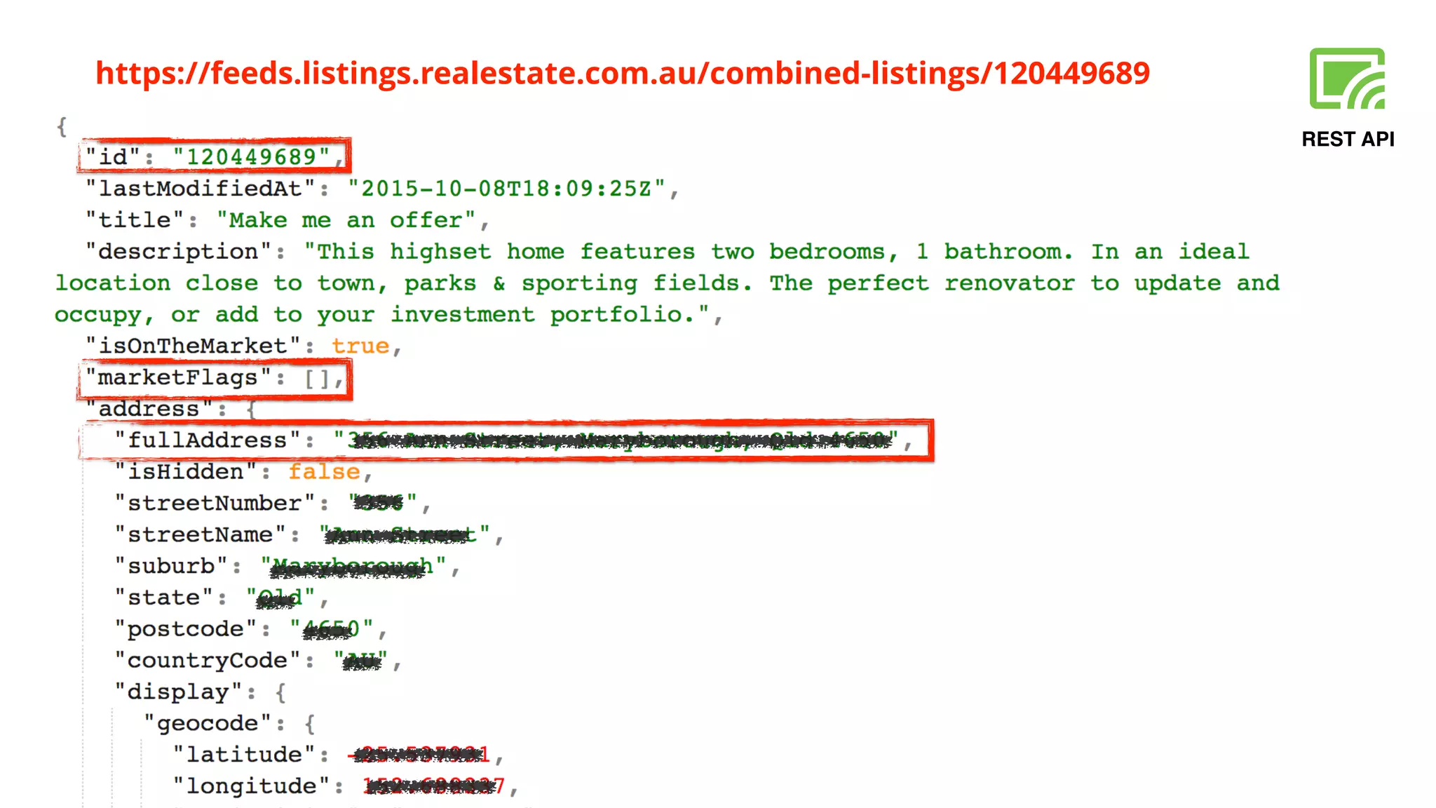 REST API
https://feeds.listings.realestate.com.au/combined-listings/120449689
 